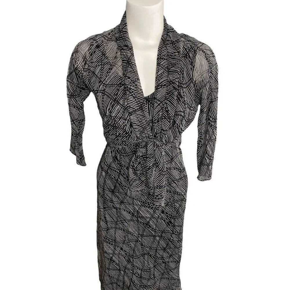 Jones New York Black White Swirl Silk Midi‎ Dress w/ Jacket Shirt  Sz 4